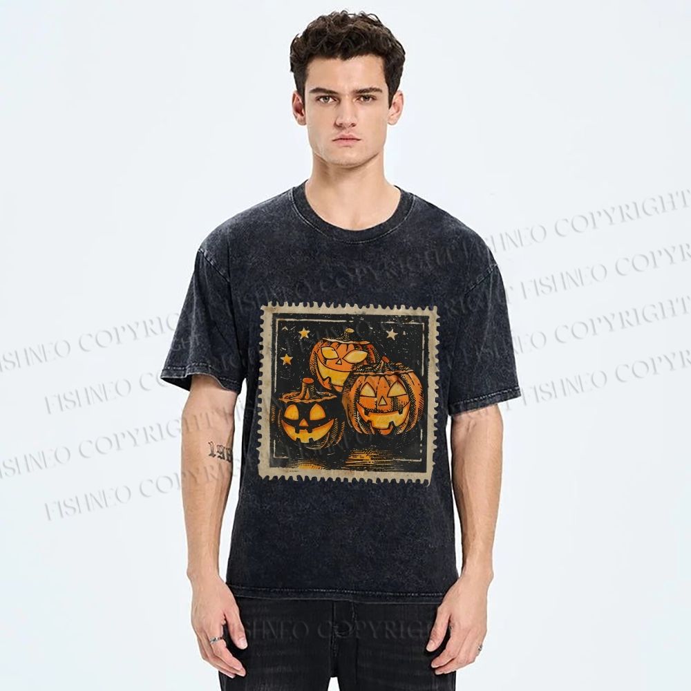 Unisex Halloween Stamp Evil Pumpkin Printed Washed Tee