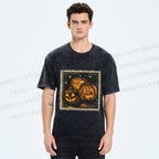 Unisex Halloween Stamp Evil Pumpkin Printed Washed Tee