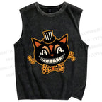 Unisex Funny Halloween Cat Printed Washed Tank Top