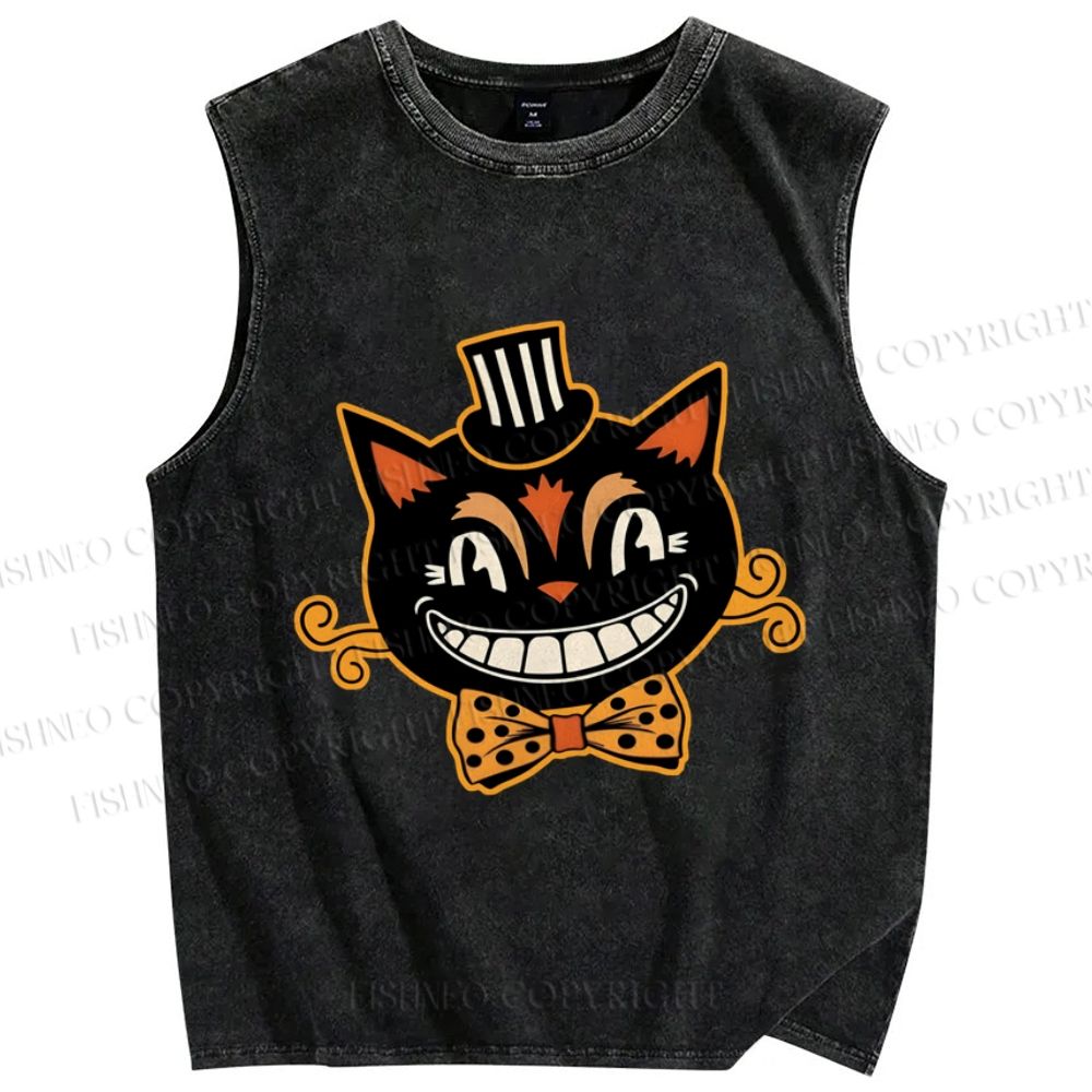 Unisex Funny Halloween Cat Printed Washed Tank Top