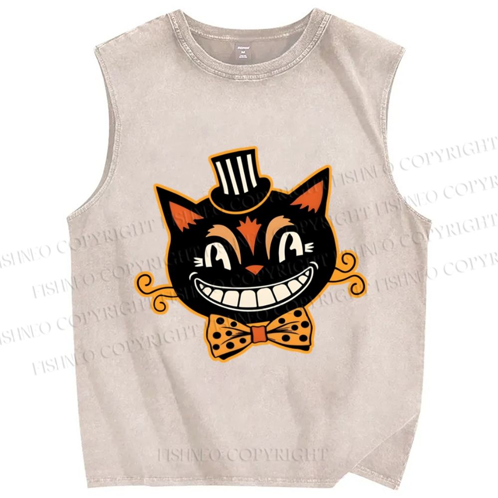 Unisex Funny Halloween Cat Printed Washed Tank Top