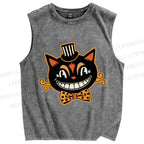 Unisex Funny Halloween Cat Printed Washed Tank Top
