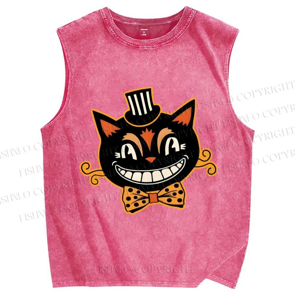 Unisex Funny Halloween Cat Printed Washed Tank Top