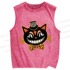 Unisex Funny Halloween Cat Printed Washed Tank Top