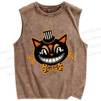 Unisex Funny Halloween Cat Printed Washed Tank Top