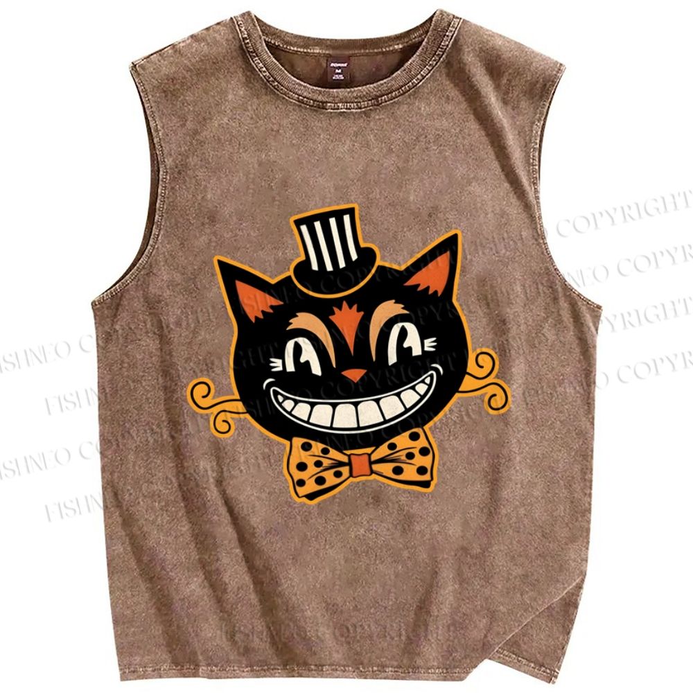 Unisex Funny Halloween Cat Printed Washed Tank Top