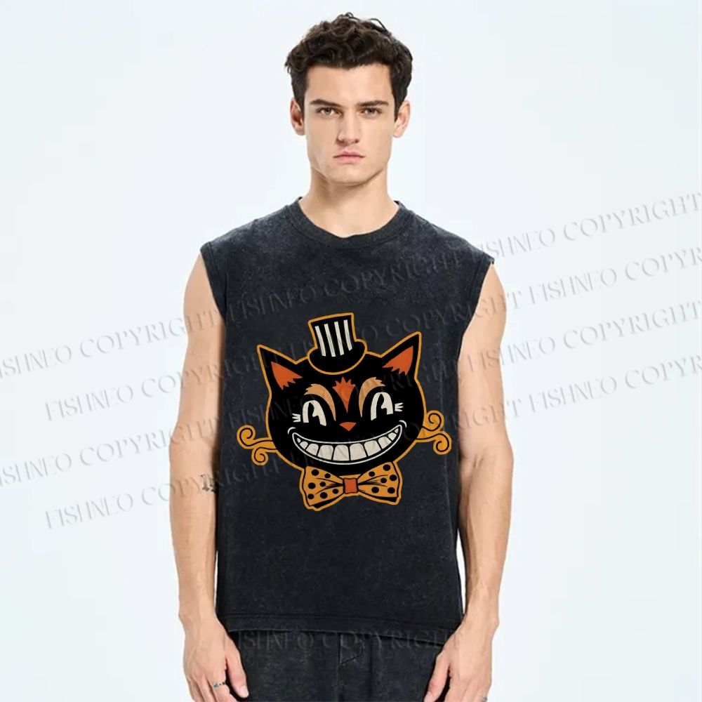 Unisex Funny Halloween Cat Printed Washed Tank Top