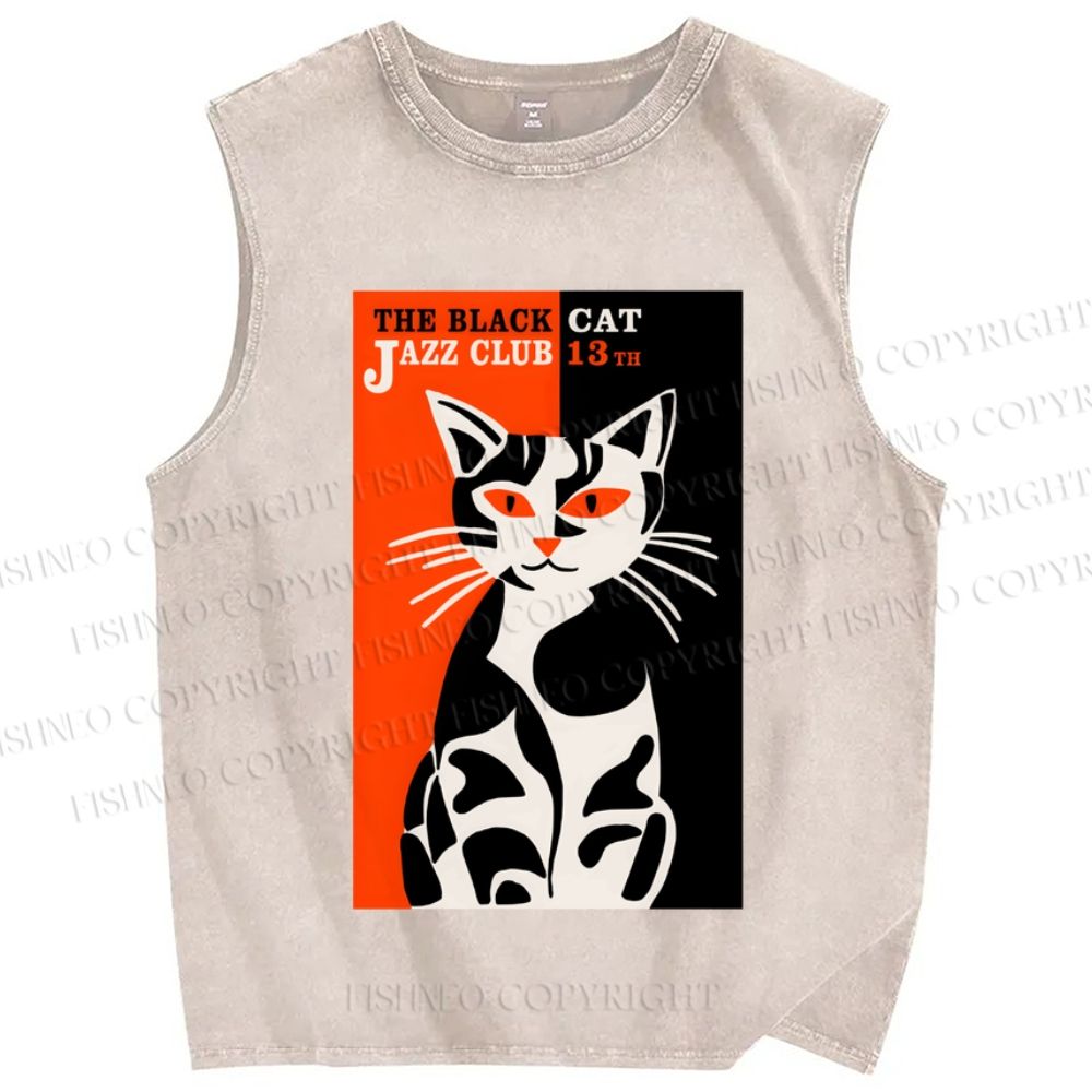Unisex Vintage Cat Club Printed Washed Tank Top