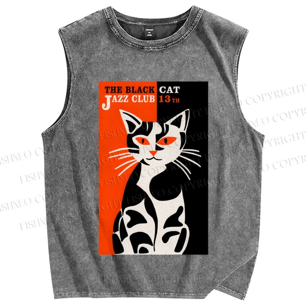 Unisex Vintage Cat Club Printed Washed Tank Top