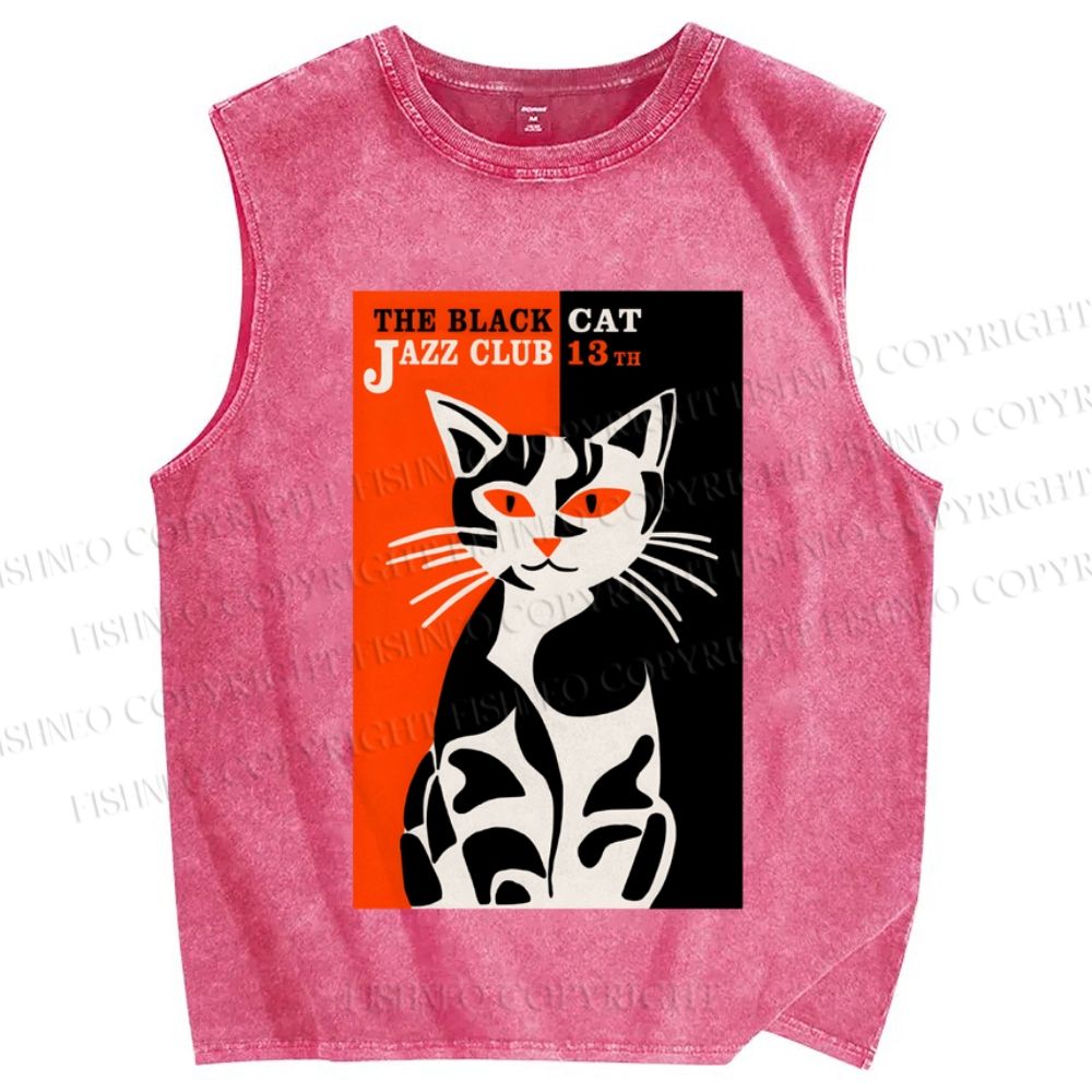 Unisex Vintage Cat Club Printed Washed Tank Top