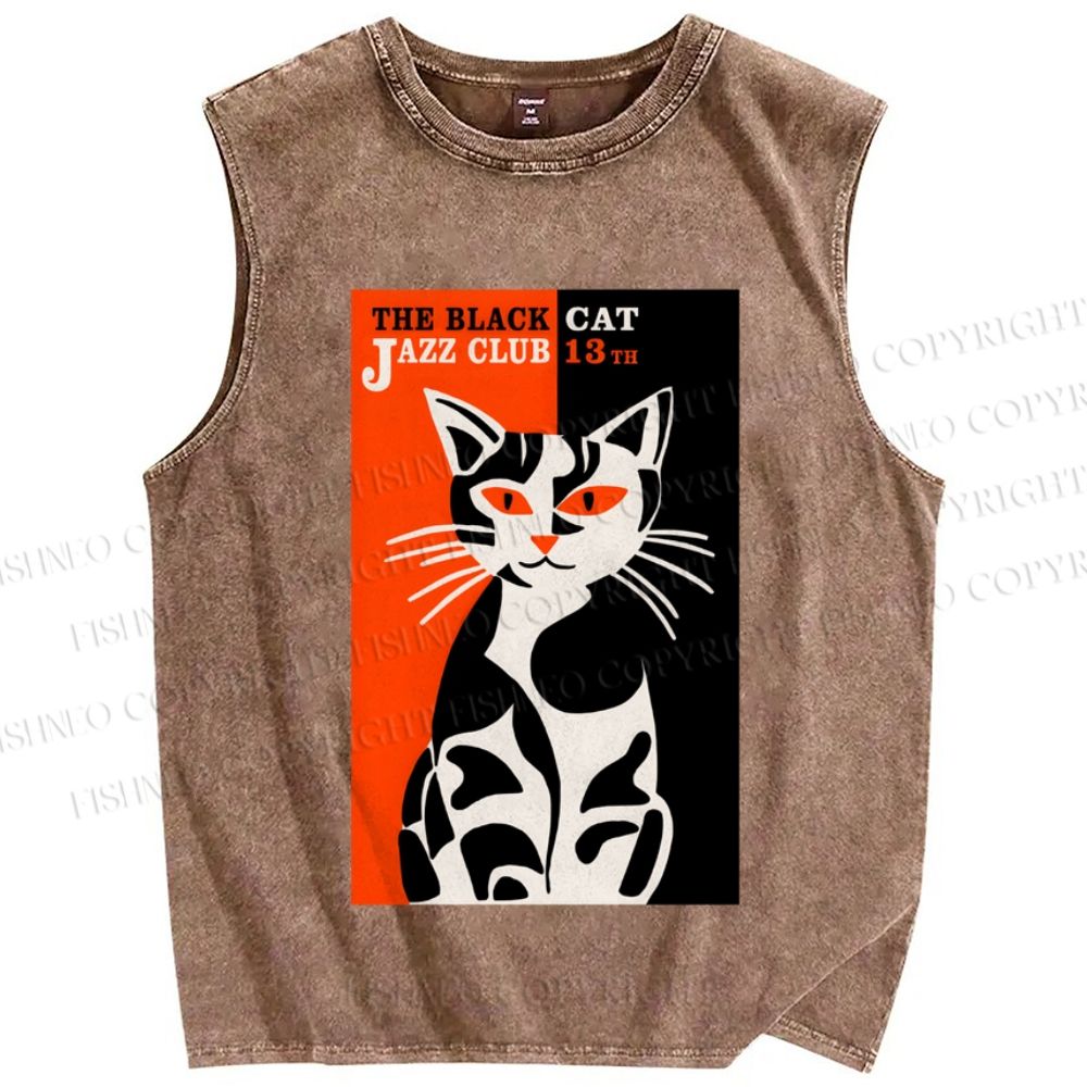 Unisex Vintage Cat Club Printed Washed Tank Top
