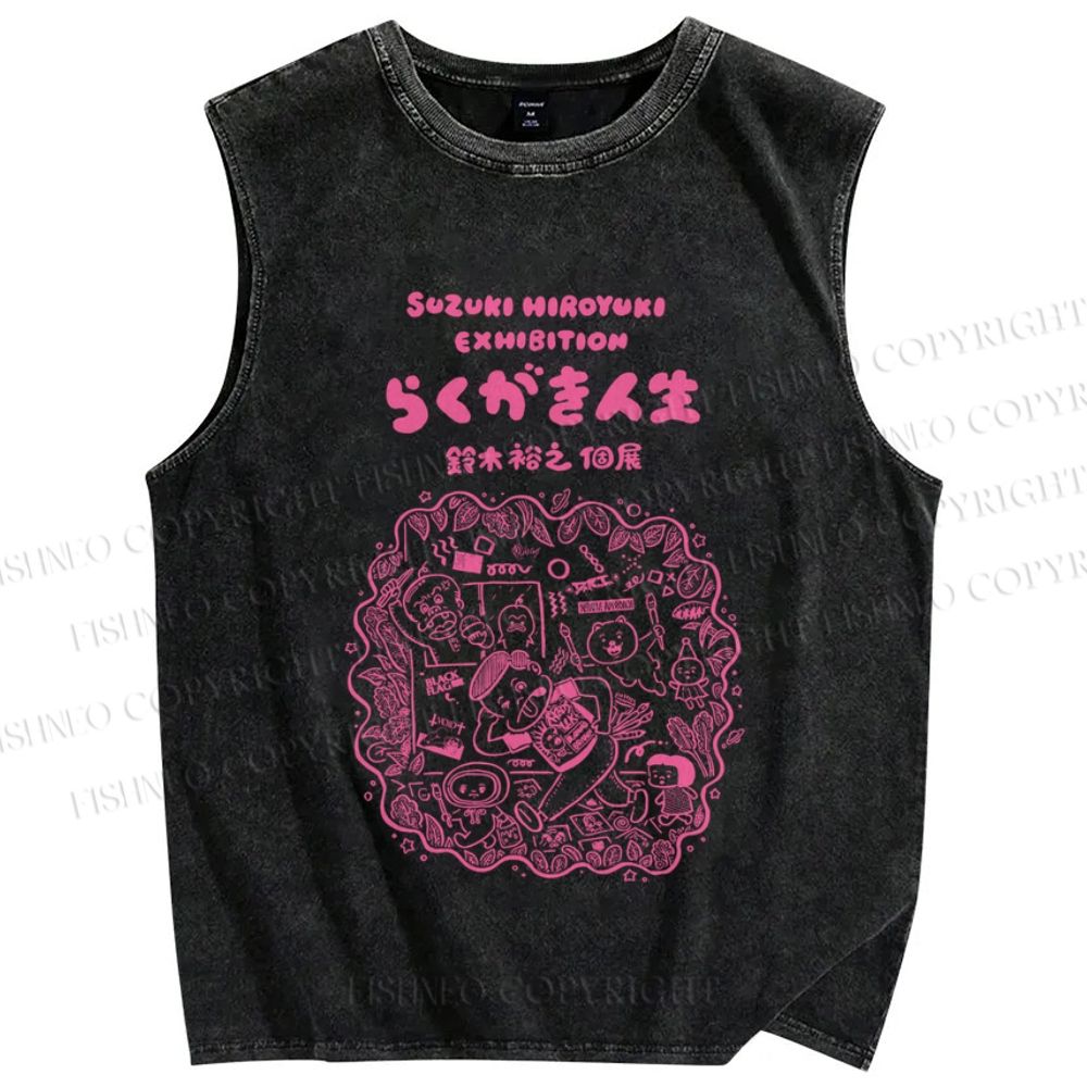 Unisex Japanese Graffiti Printed Washed Tank Top