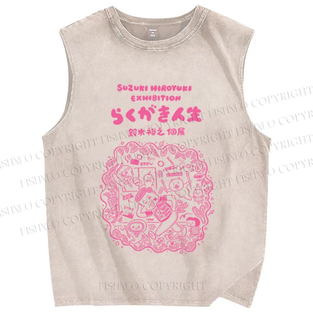 Unisex Japanese Graffiti Printed Washed Tank Top