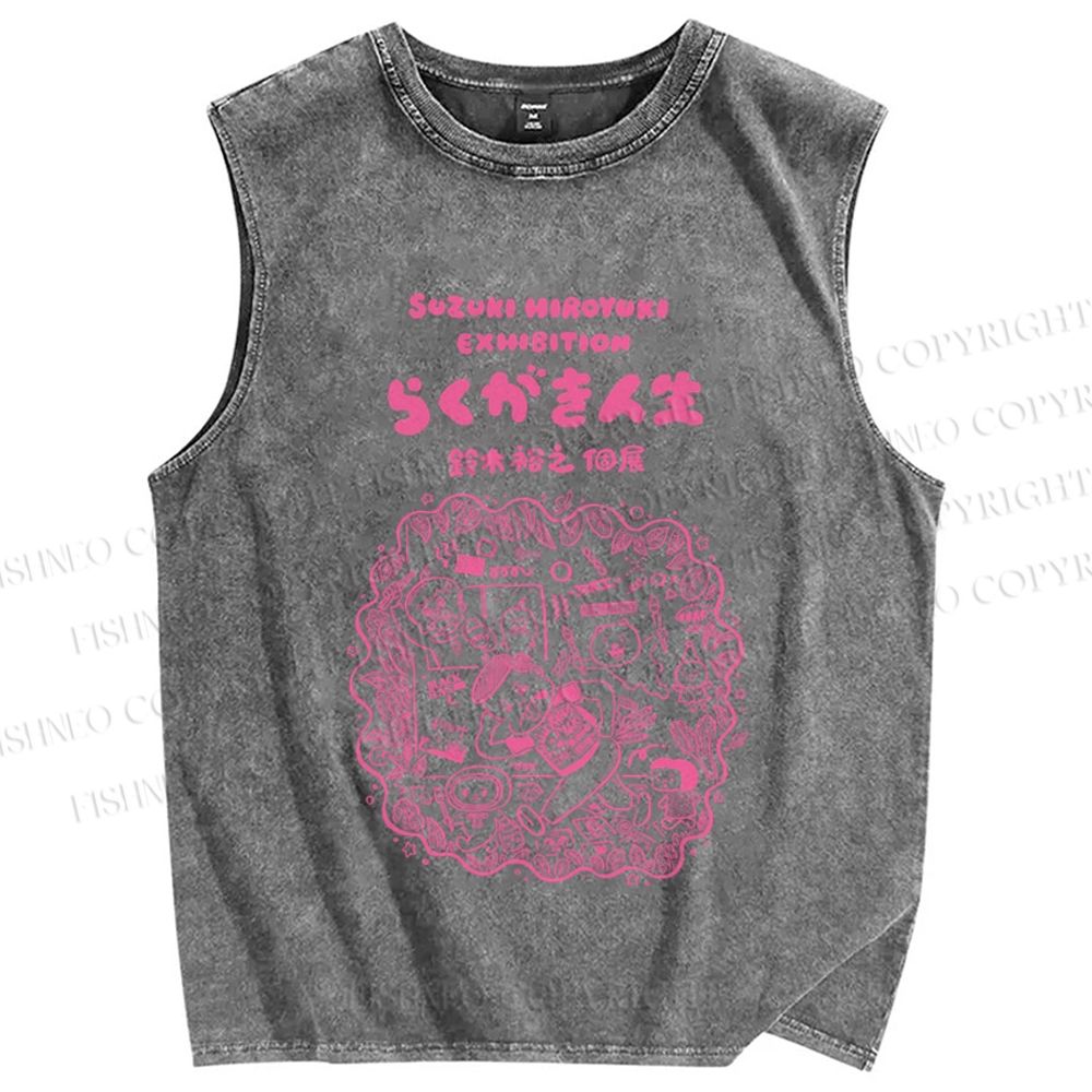 Unisex Japanese Graffiti Printed Washed Tank Top