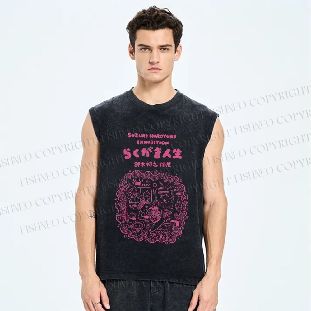 Unisex Japanese Graffiti Printed Washed Tank Top