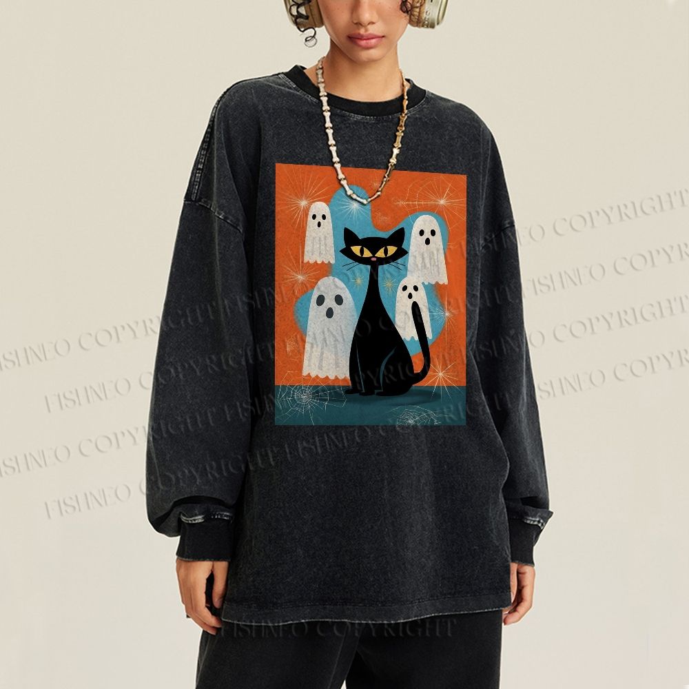 Unisex Casual Washed Halloween Ghost And Black Cat Printed Long Sleeve T-shirt