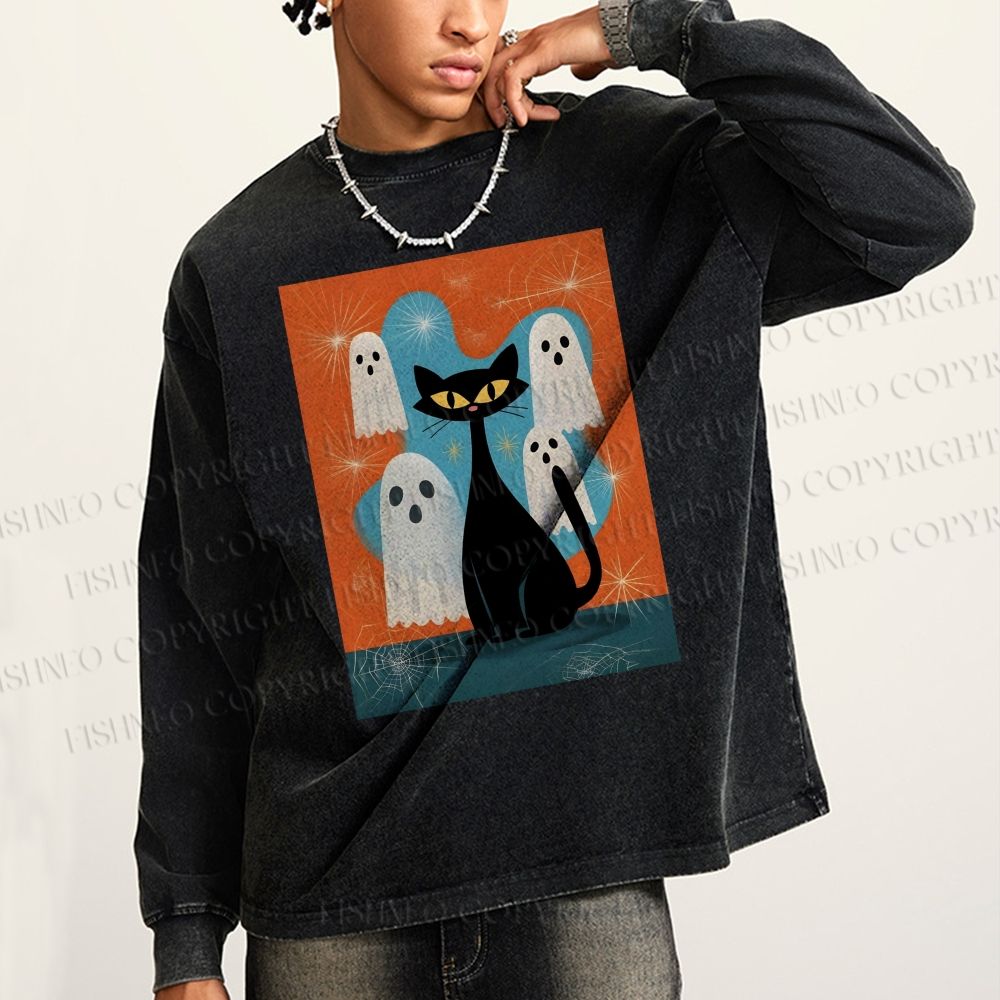 Unisex Casual Washed Halloween Ghost And Black Cat Printed Long Sleeve T-shirt