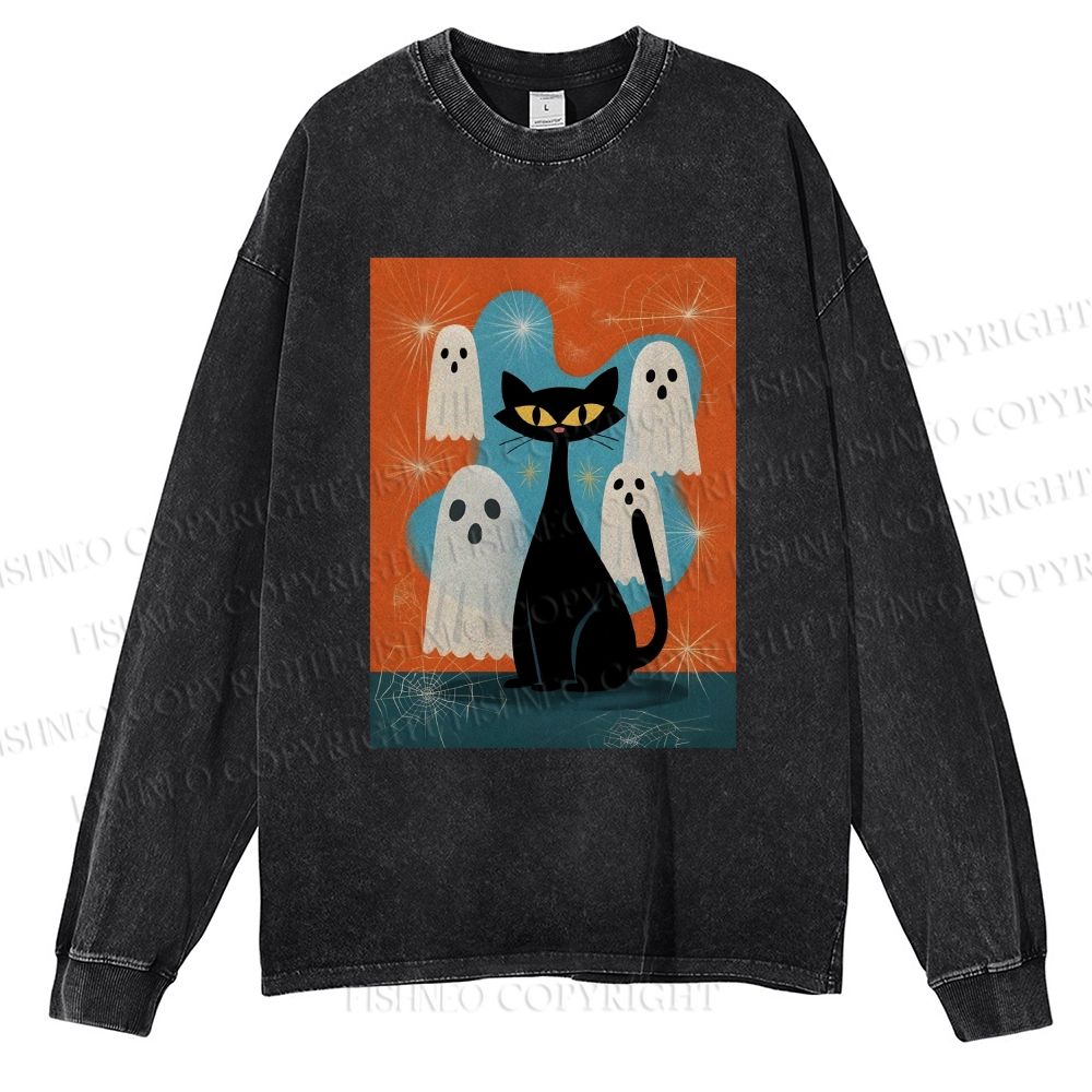 Unisex Casual Washed Halloween Ghost And Black Cat Printed Long Sleeve T-shirt