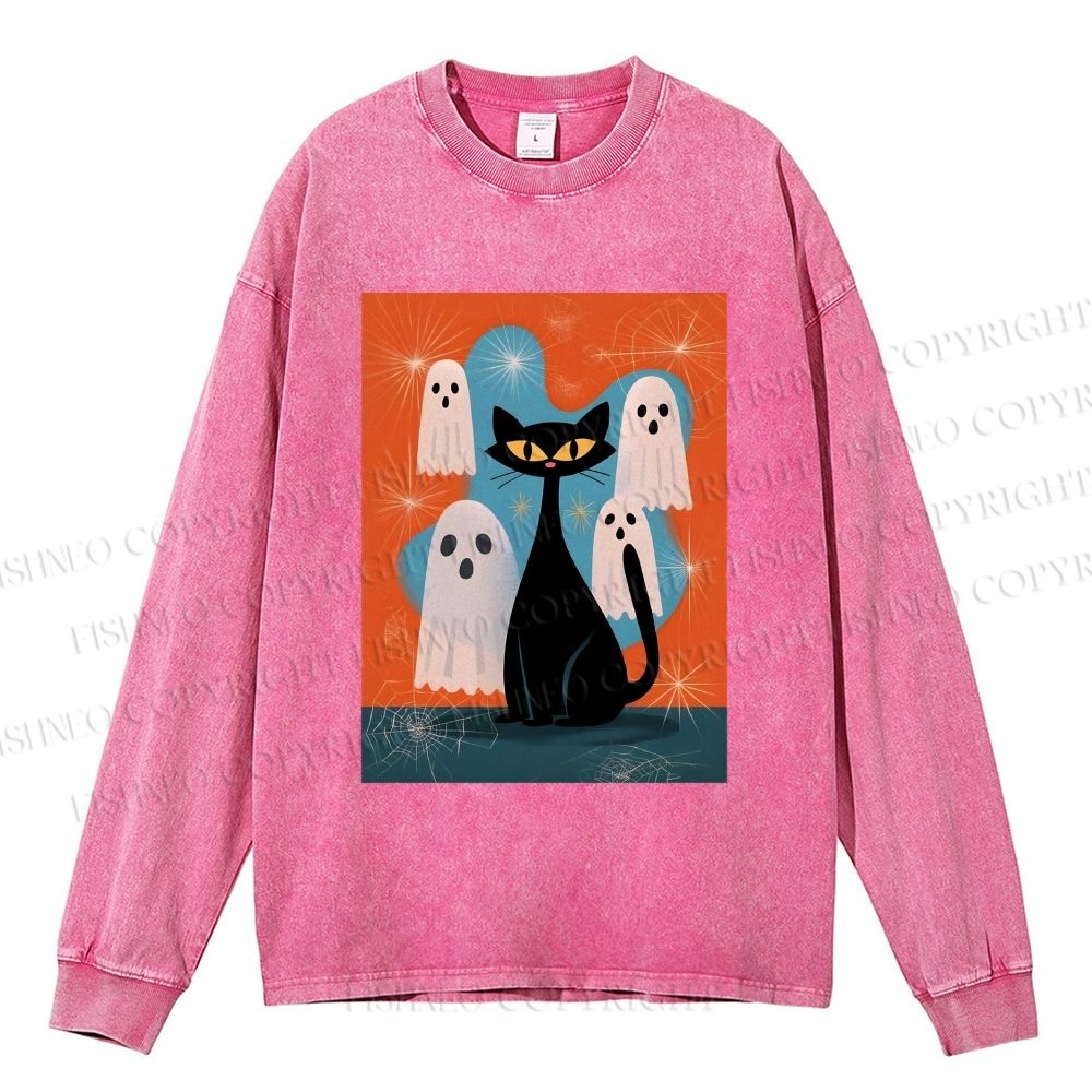Unisex Casual Washed Halloween Ghost And Black Cat Printed Long Sleeve T-shirt