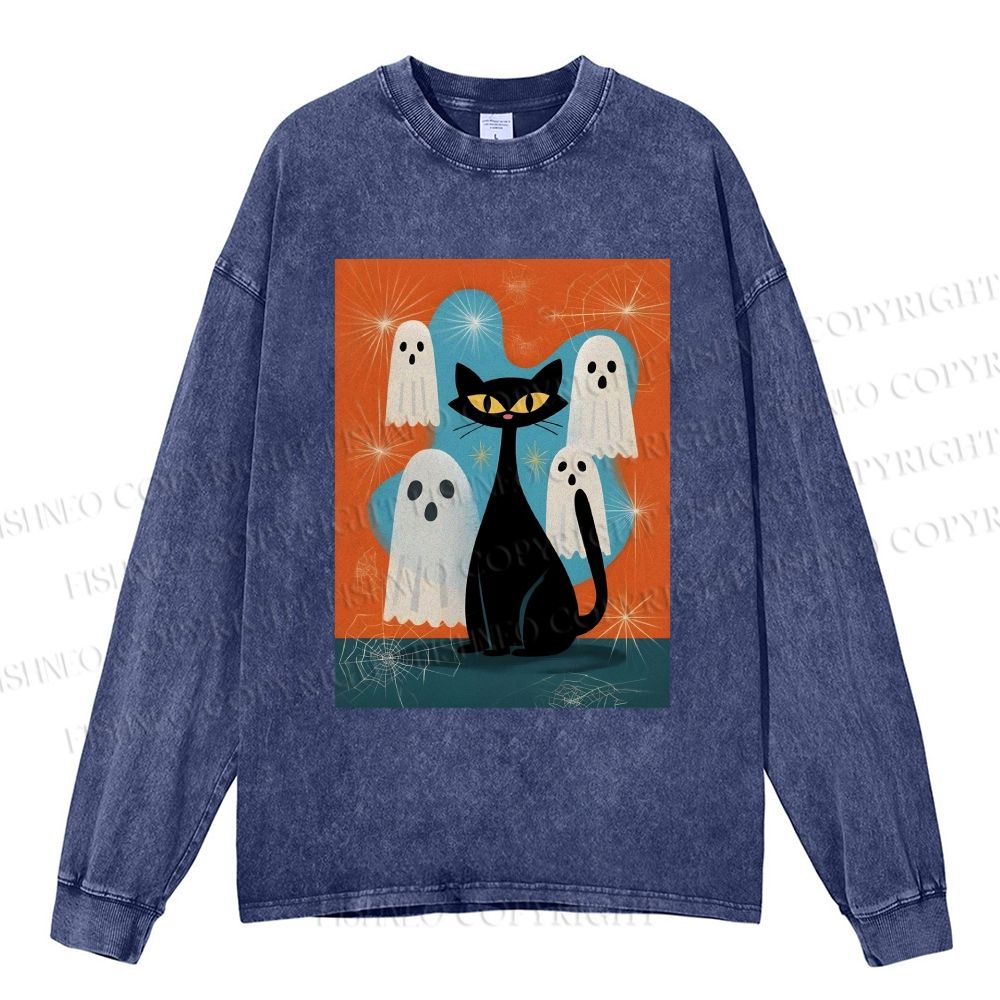 Unisex Casual Washed Halloween Ghost And Black Cat Printed Long Sleeve T-shirt