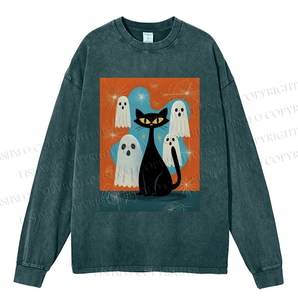 Unisex Casual Washed Halloween Ghost And Black Cat Printed Long Sleeve T-shirt