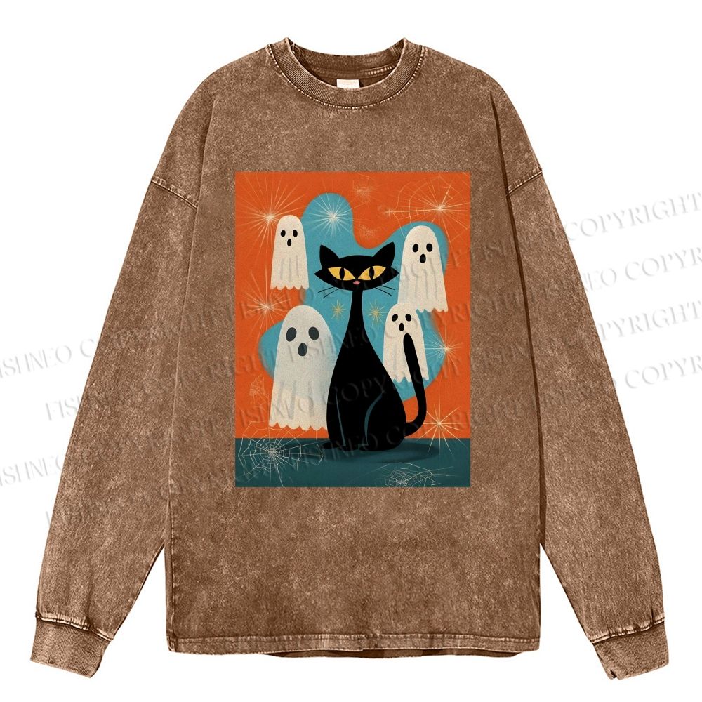 Unisex Casual Washed Halloween Ghost And Black Cat Printed Long Sleeve T-shirt