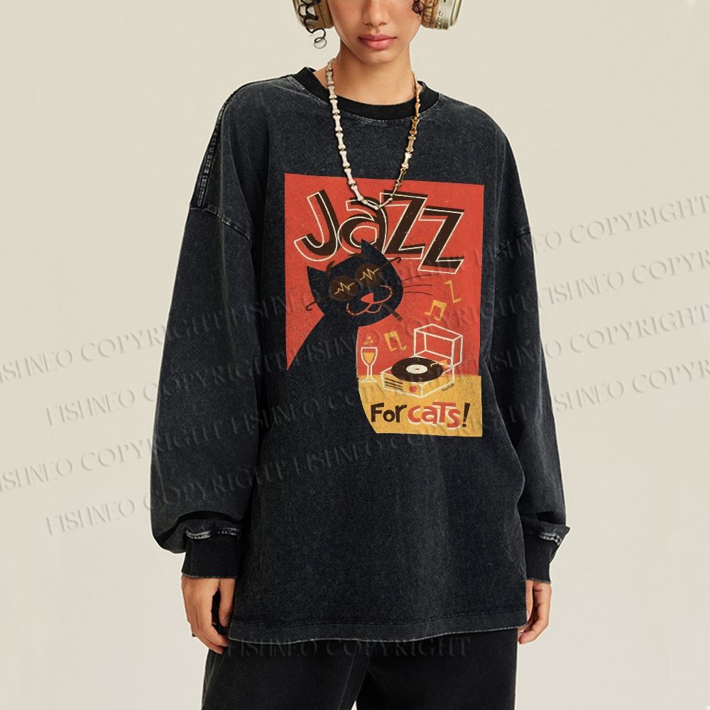 Unisex Casual Washed Vintage Jazz Music For Cat Printed Long Sleeve T-shirt