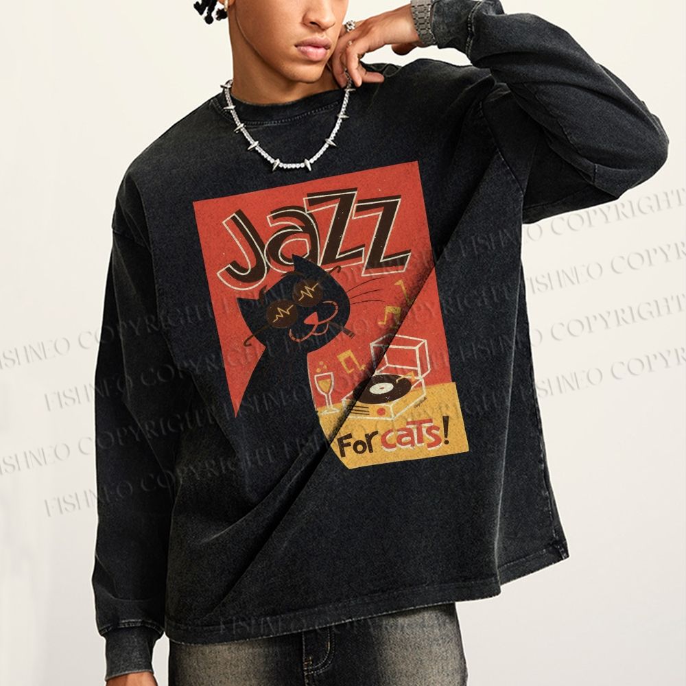 Unisex Casual Washed Vintage Jazz Music For Cat Printed Long Sleeve T-shirt