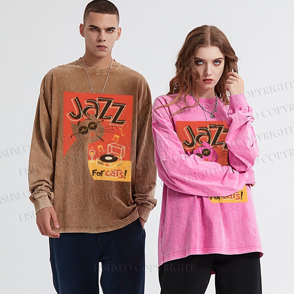Unisex Casual Washed Vintage Jazz Music For Cat Printed Long Sleeve T-shirt