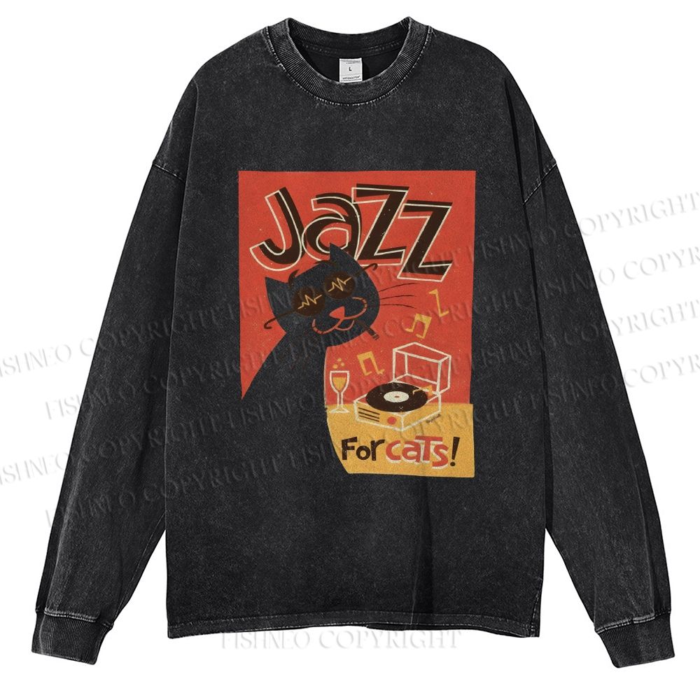 Unisex Casual Washed Vintage Jazz Music For Cat Printed Long Sleeve T-shirt