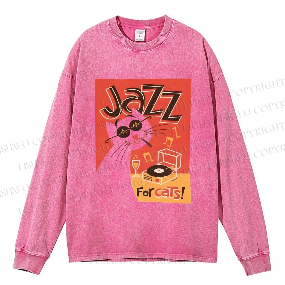 Unisex Casual Washed Vintage Jazz Music For Cat Printed Long Sleeve T-shirt