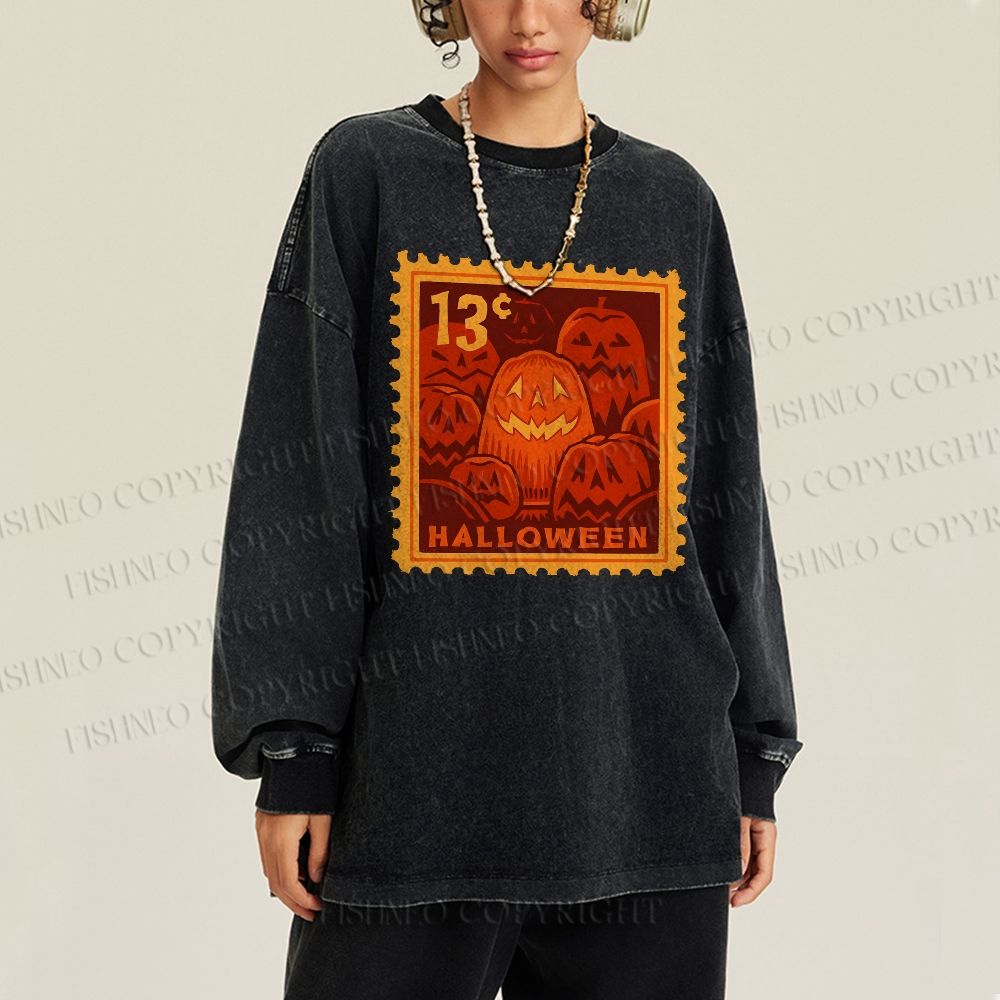 Unisex Casual Washed Halloween Stamp Smile Pumpkin Printed Long Sleeve T-shirt