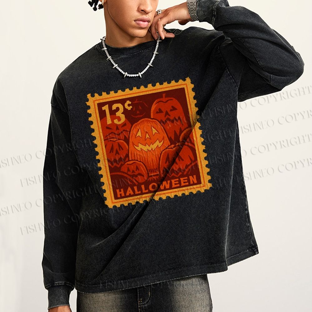 Unisex Casual Washed Halloween Stamp Smile Pumpkin Printed Long Sleeve T-shirt