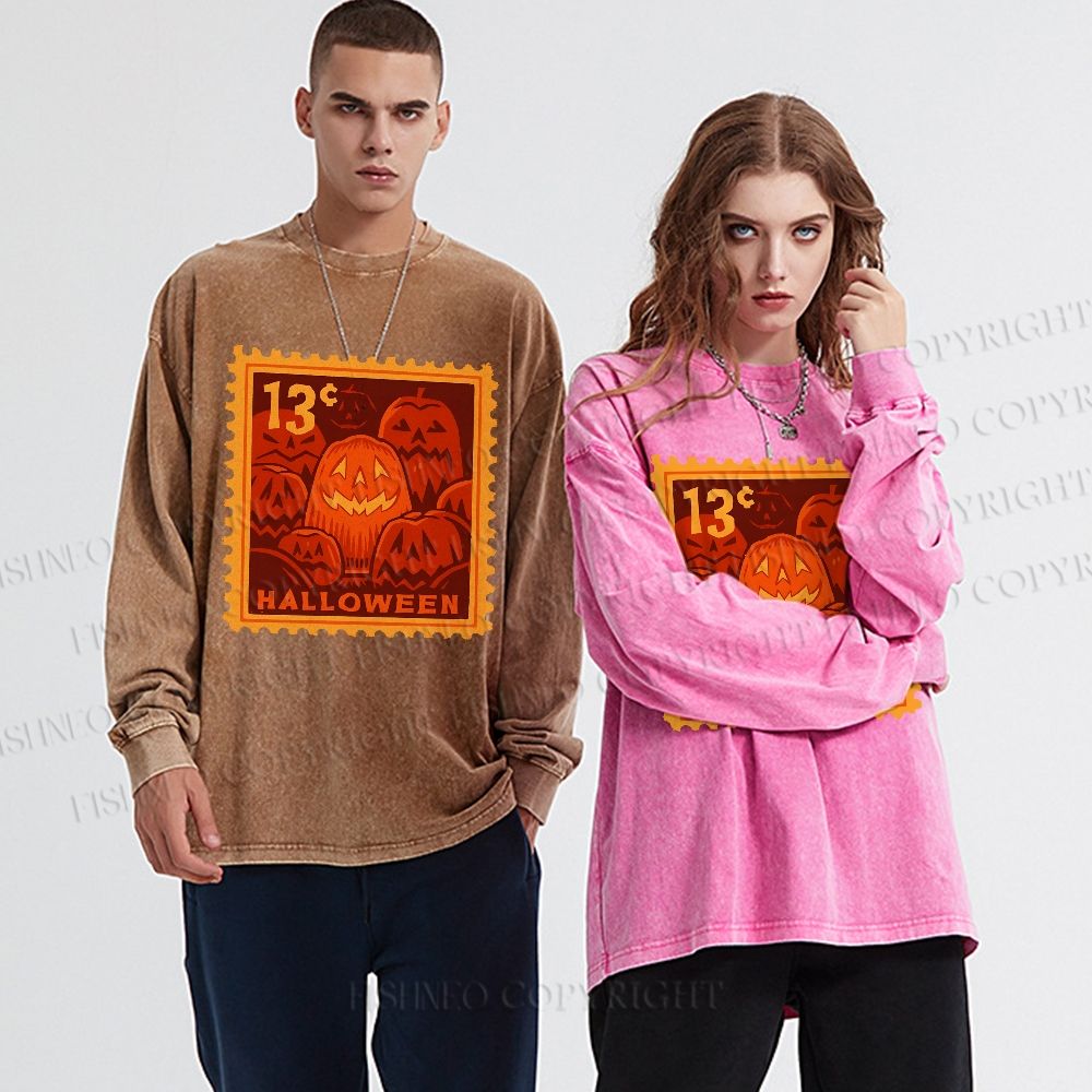 Unisex Casual Washed Halloween Stamp Smile Pumpkin Printed Long Sleeve T-shirt