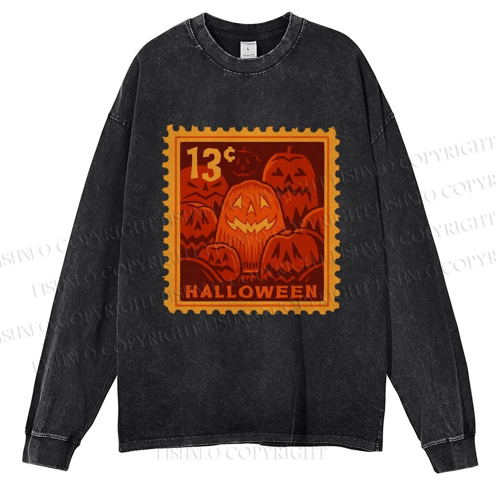 Unisex Casual Washed Halloween Stamp Smile Pumpkin Printed Long Sleeve T-shirt