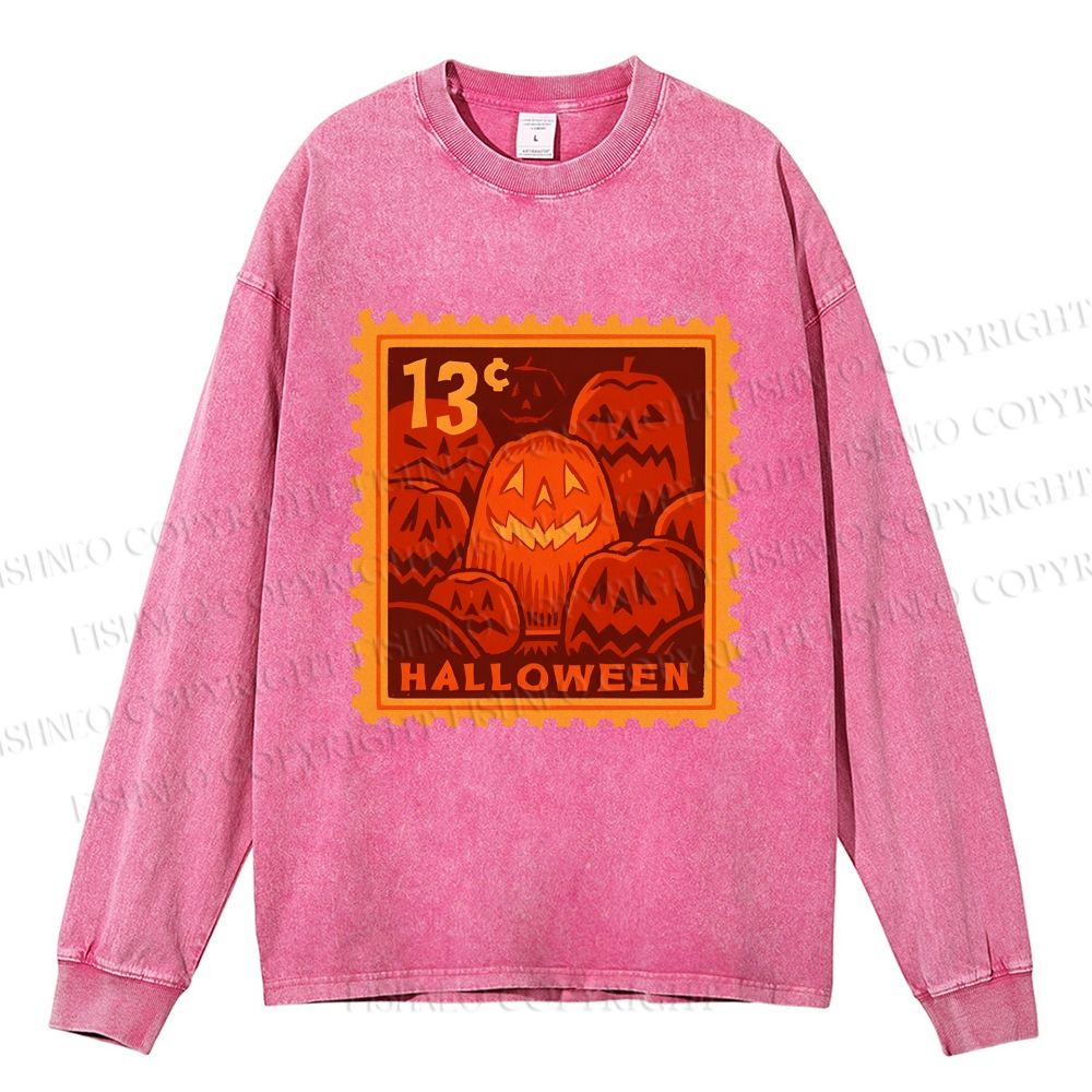 Unisex Casual Washed Halloween Stamp Smile Pumpkin Printed Long Sleeve T-shirt