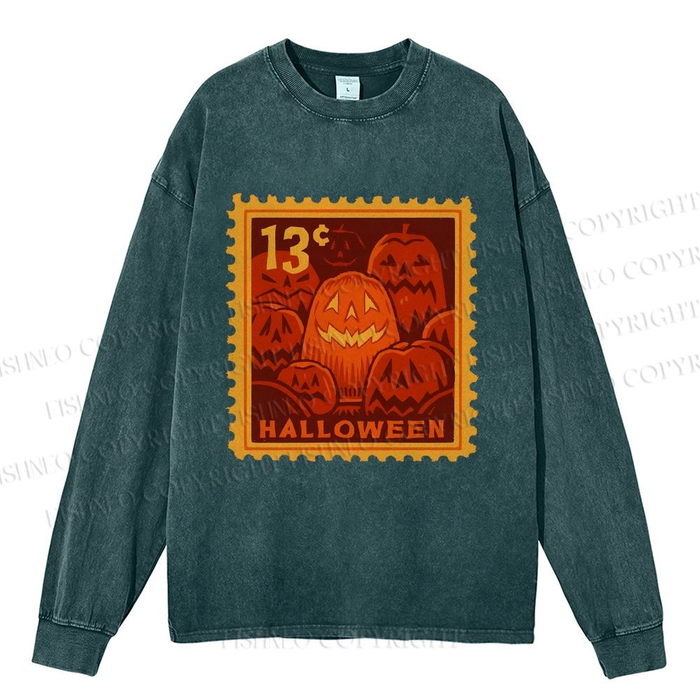 Unisex Casual Washed Halloween Stamp Smile Pumpkin Printed Long Sleeve T-shirt