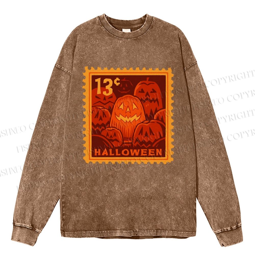 Unisex Casual Washed Halloween Stamp Smile Pumpkin Printed Long Sleeve T-shirt