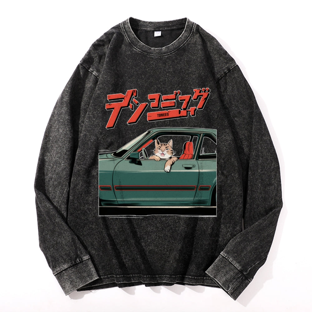 Unisex Racing Car Vintage Cotton Wash Crewneck Long-Sleeve T-Shirt
