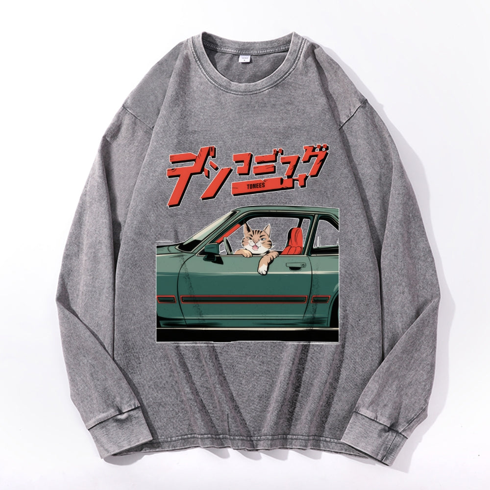 Unisex Racing Car Vintage Cotton Wash Crewneck Long-Sleeve T-Shirt