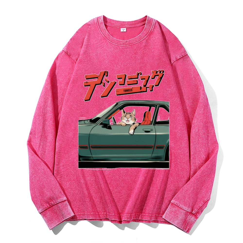 Unisex Racing Car Vintage Cotton Wash Crewneck Long-Sleeve T-Shirt