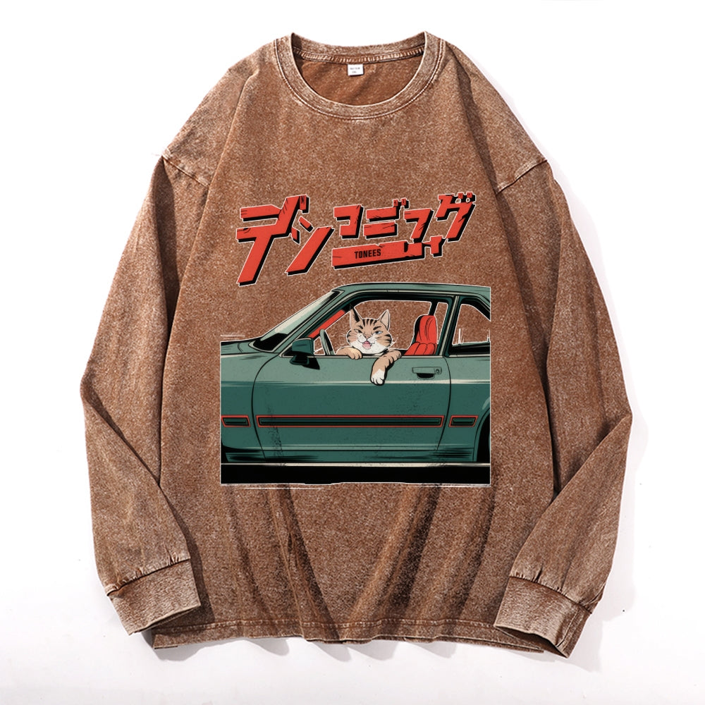 Unisex Racing Car Vintage Cotton Wash Crewneck Long-Sleeve T-Shirt