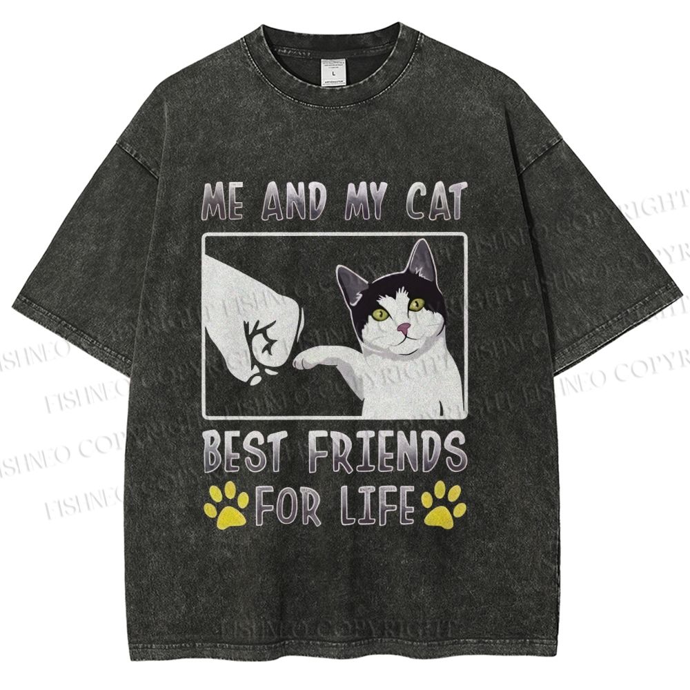 Unisex Me And My Cat Best Friends Printed Washed Tee
