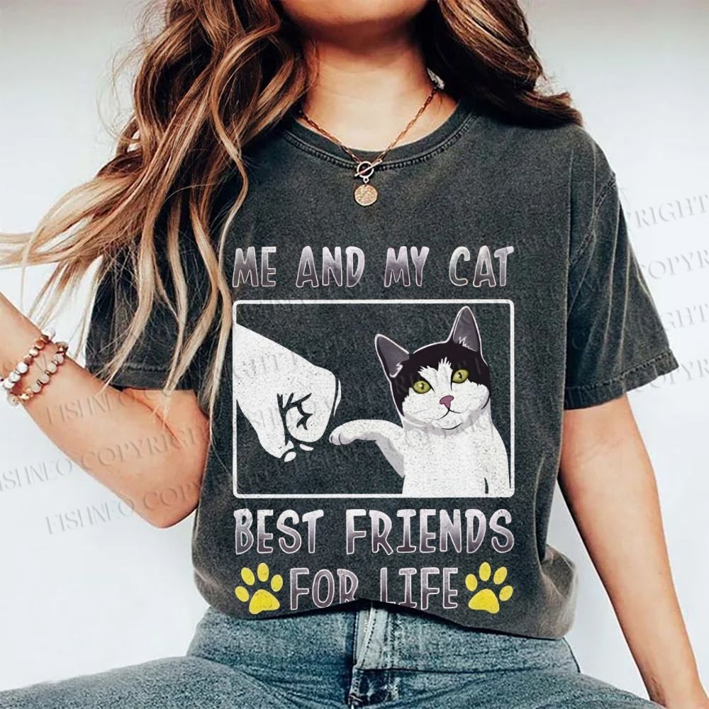 Unisex Me And My Cat Best Friends Printed Washed Tee
