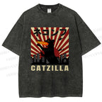 Unisex Catzilla Printed Washed Tee
