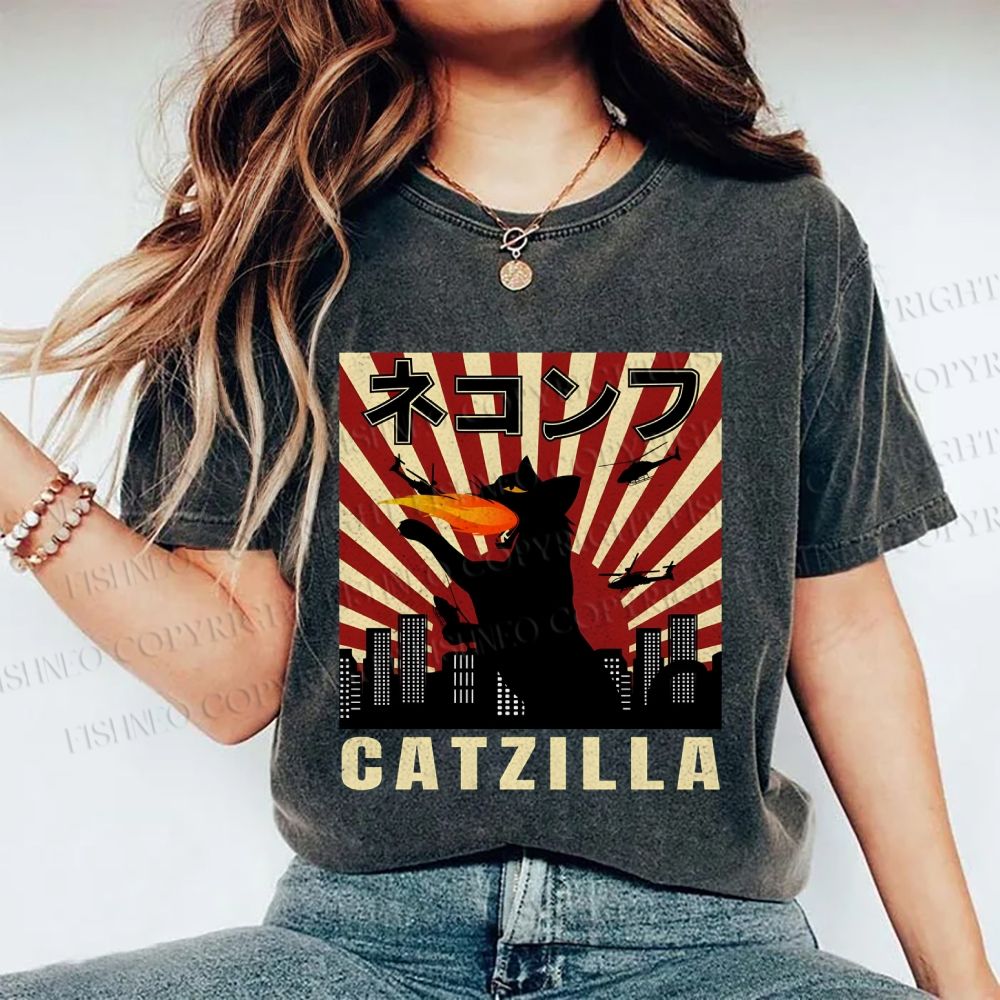 Unisex Catzilla Printed Washed Tee