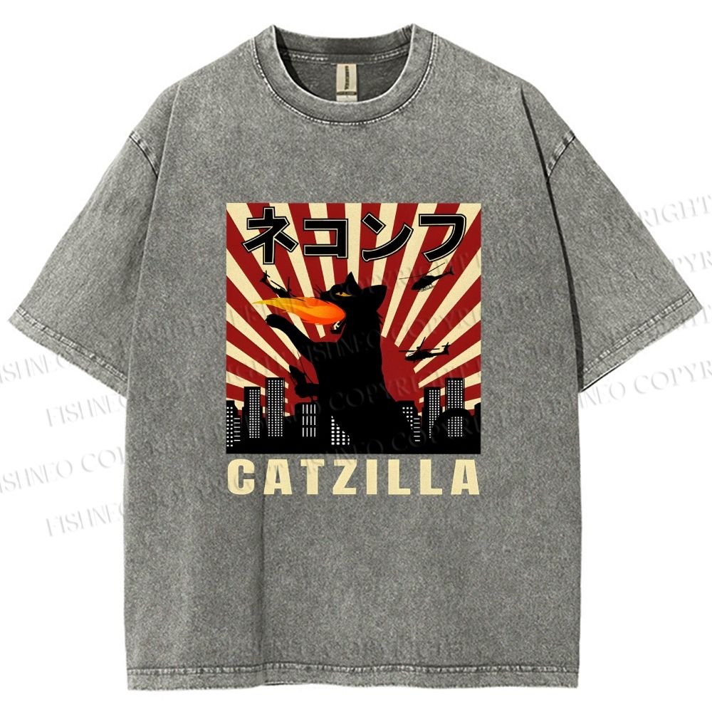Unisex Catzilla Printed Washed Tee