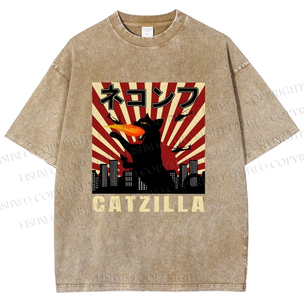 Unisex Catzilla Printed Washed Tee