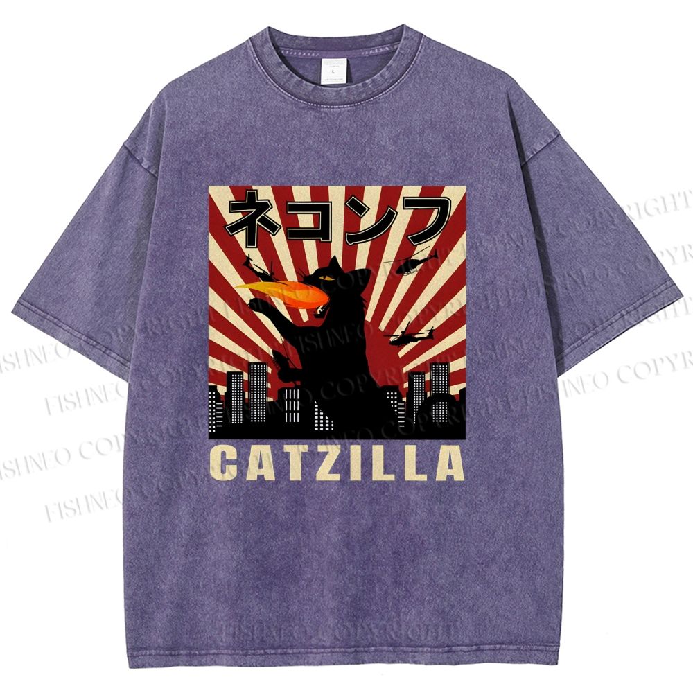 Unisex Catzilla Printed Washed Tee