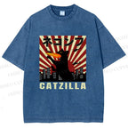 Unisex Catzilla Printed Washed Tee